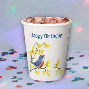Birthday Cute Red Blue bird on Branch Flowers Paper Cups