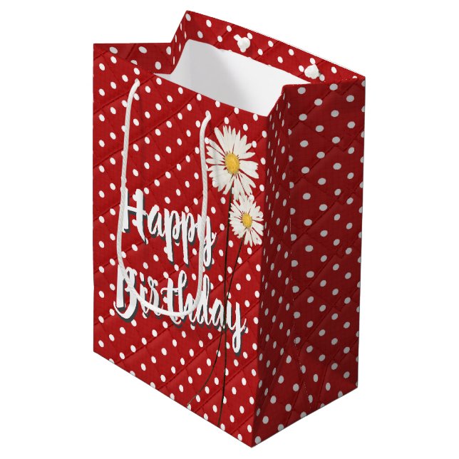 Birthday Daisies On Polka Dots Medium Gift Bag (Front Angled)