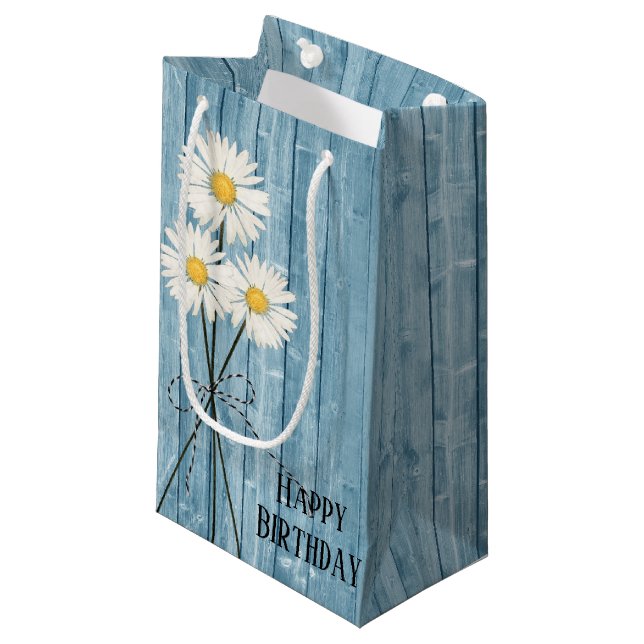 Birthday Daisies On Purple Wood Small Gift Bag (Front Angled)