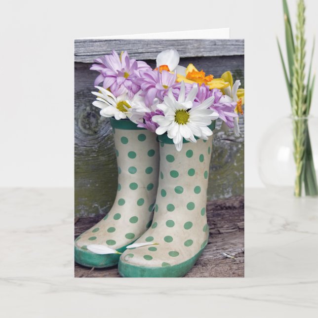 Birthday daisy bouquet in boots card (Front)