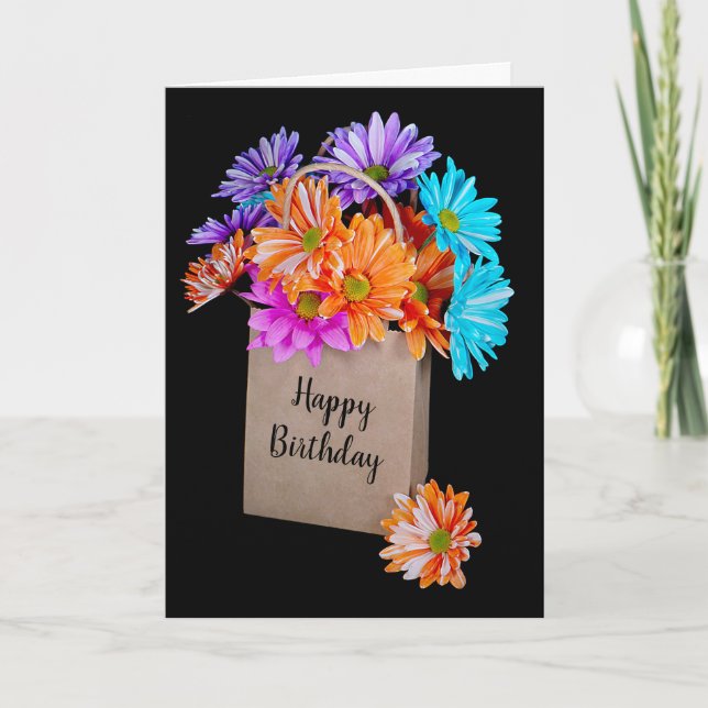 Birthday Daisy Bouquet In Paper Bag Card (Front)