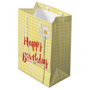 Birthday Daisy On Yellow Gingham Medium Gift Bag