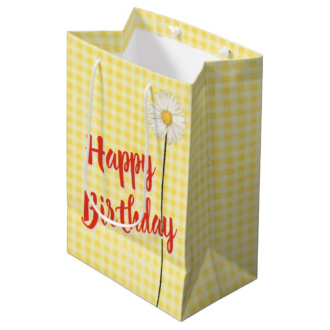 Birthday Daisy On Yellow Gingham Medium Gift Bag (Front Angled)