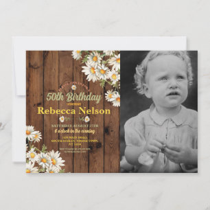Birthday Daisy Party Invite Floral Wood Photo