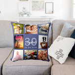 Birthday dark blue photo collage woman cushion<br><div class="desc">A unique gift for a womans 50th (or any age) birthday,  celebrating her life with a collage of 8 of your own photos,  pictures.  Personalise and add her name,  age 50 and a date. A chic dark blue background.  The name is written with a modern hand lettered style script.</div>