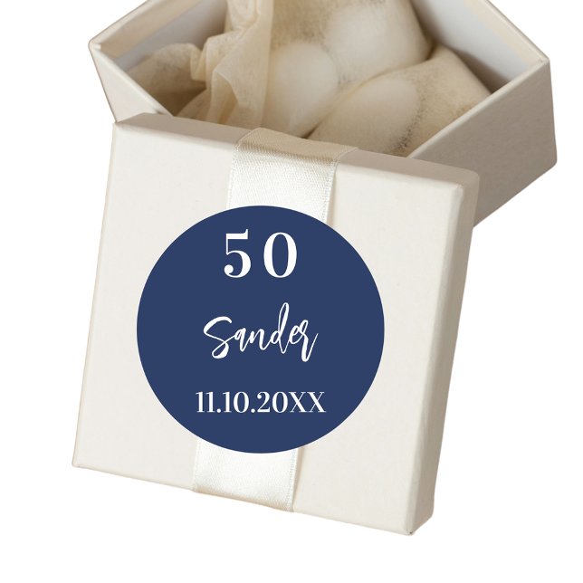 Birthday dark blue white script minimalist classic round sticker (Creator Uploaded)