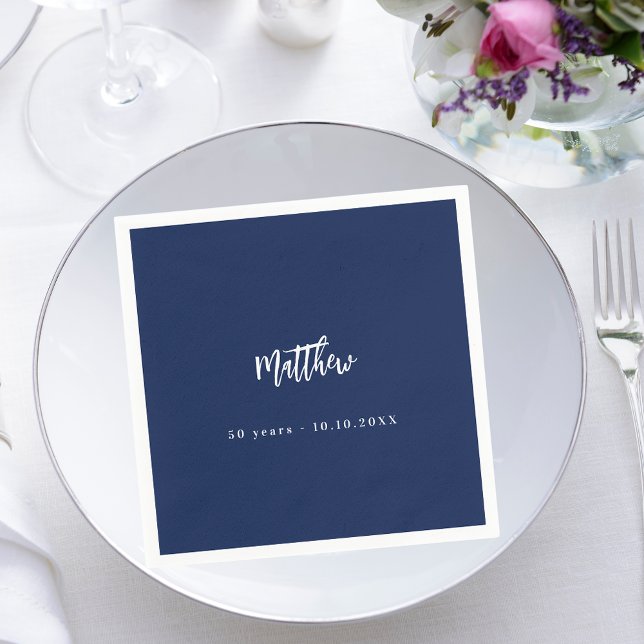 Birthday dark blue white script minimalist napkin (Creator Uploaded)
