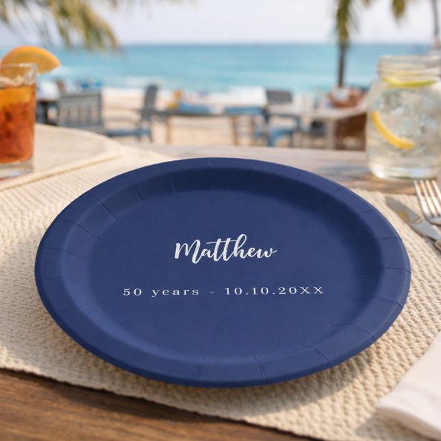 Birthday dark blue white script minimalist paper plate (Creator Uploaded)