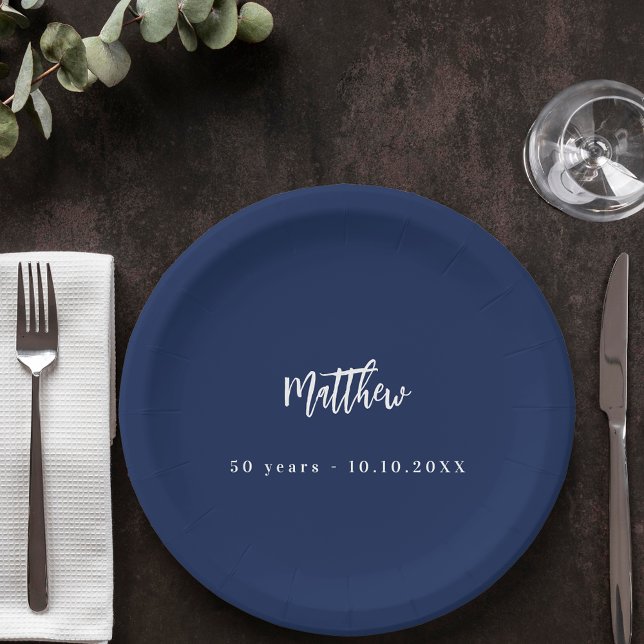 Birthday dark blue white script minimalist paper plate (Creator Uploaded)