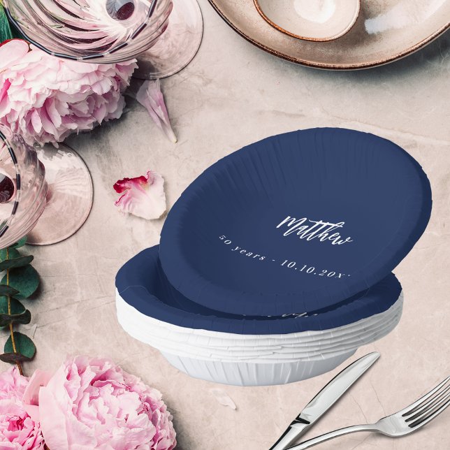 Birthday dark blue white script minimalist paper plate (Creator Uploaded)