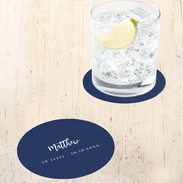 Birthday dark blue white script minimalist round paper coaster (Creator Uploaded)