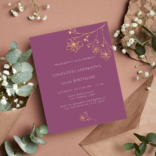 Birthday dark pink gold floral budget invitation