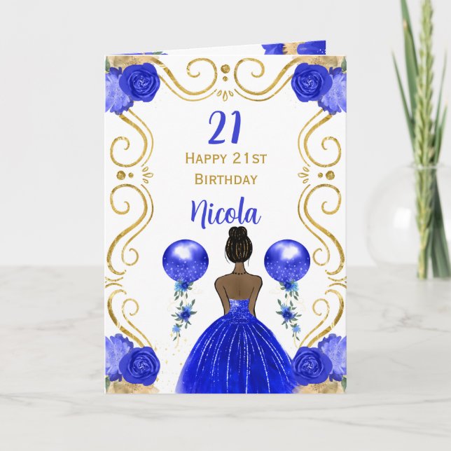 Birthday Dark Skin Princess Blue Happy Birthday Card (Front)