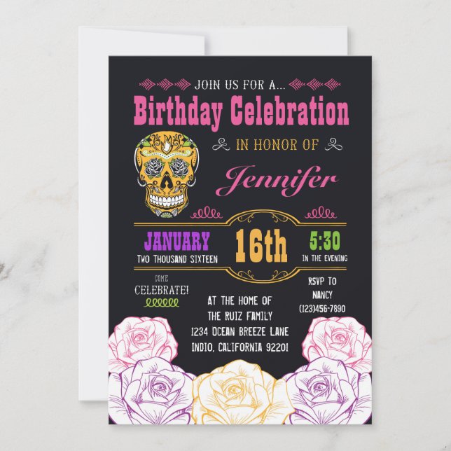 Birthday Day of the Dead Sugar Skull Invitation (Front)