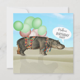 Birthday Desert Fun Hippo Balloons Colourful Invitation
