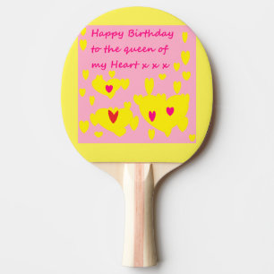 Birthday design pink and yellow with message on ping pong paddle