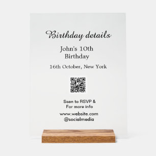 Birthday details 10th birthday scan QR websiteRSVP Acrylic Sign