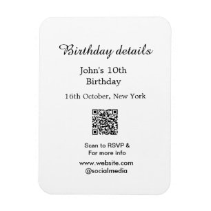 Birthday details 10th birthday scan QR websiteRSVP Magnet