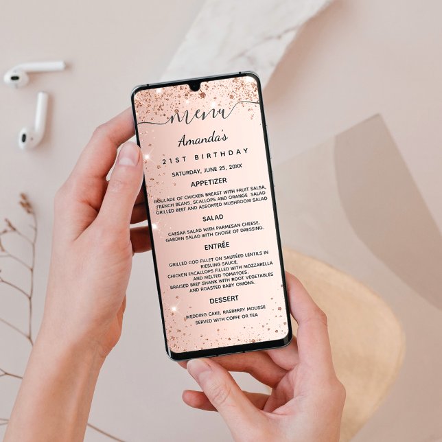 Birthday dinner menu rose gold glitter card (Creator Uploaded)