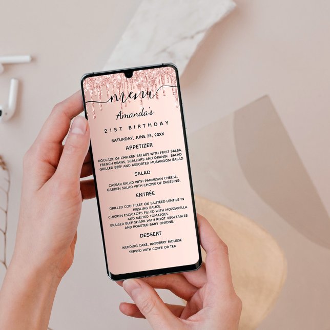 Birthday dinner menu rose gold glitter card (Creator Uploaded)