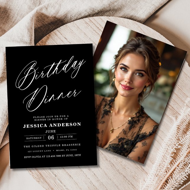 Birthday Dinner Photo Black and White Modern  Invitation (Creator Uploaded)