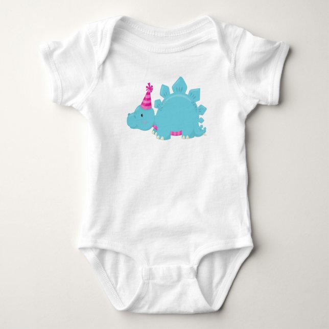 Birthday Dinosaur, Party Dinosaur, Blue Dinosaur Baby Bodysuit (Front)