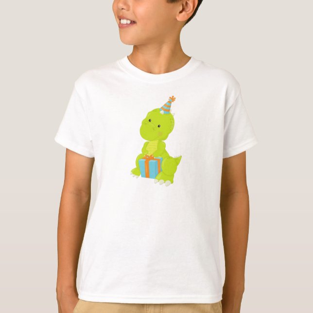 Birthday Dinosaur, Party Dinosaur, Gift, Party Hat T-Shirt (Front)