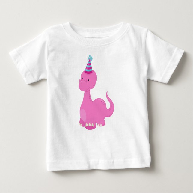 Birthday Dinosaur, Party Dinosaur, Pink Dinosaur Baby T-Shirt (Front)