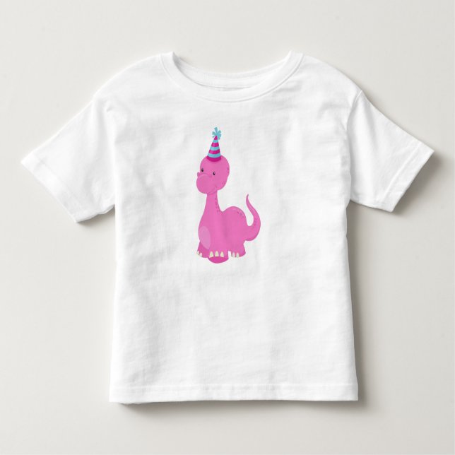 Birthday Dinosaur, Party Dinosaur, Pink Dinosaur Toddler T-Shirt (Front)