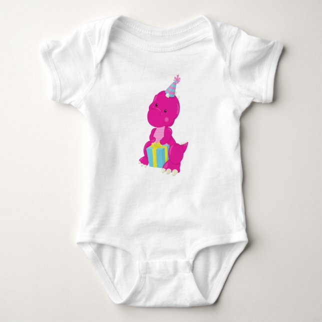 Birthday Dinosaur, Pink Dinosaur, Party Hat, Gifts Baby Bodysuit (Front)