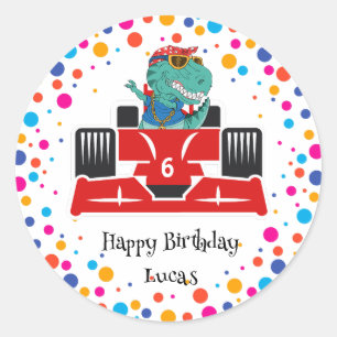 Birthday Dinosaur race car boy red racing kid name Classic Round Sticker