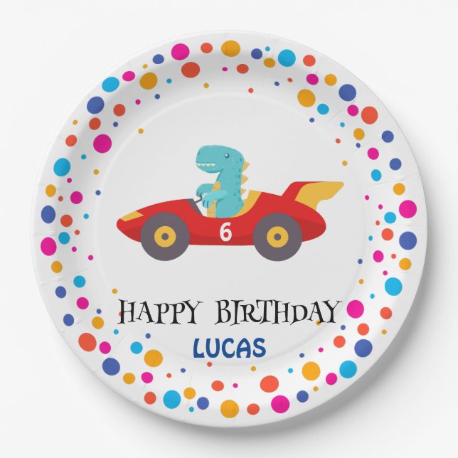 Birthday Dinosaur race car boy red racing kid name Paper Plate (Front)