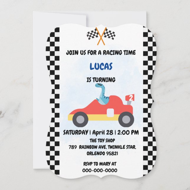 Birthday Dinosaur race car boy red racing kids nam Invitation (Front)