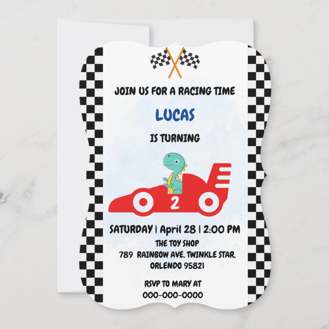 Birthday Dinosaur race car boy red racing kids nam Invitation (Front)