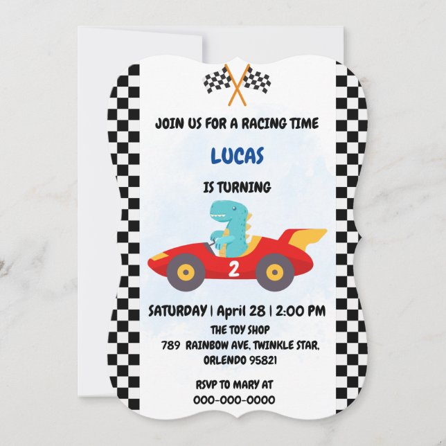 Birthday Dinosaur race car boy red racing kids nam Invitation (Front)