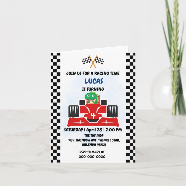 Birthday Dinosaur race car boy red racing kids nam Invitation (Front)