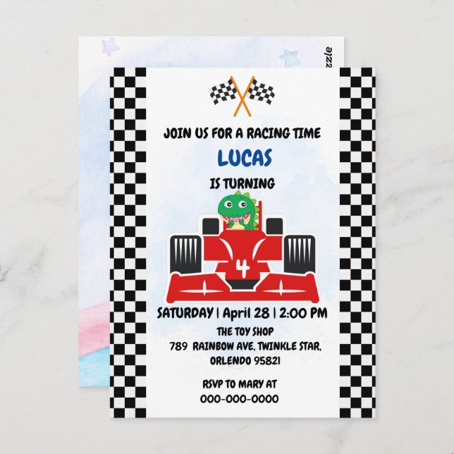 Birthday Dinosaur race car boy red racing kids nam Postcard (Front/Back)