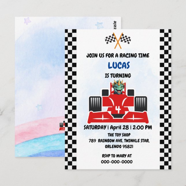 Birthday Dinosaur race car boy red racing kids nam Postcard (Front/Back)