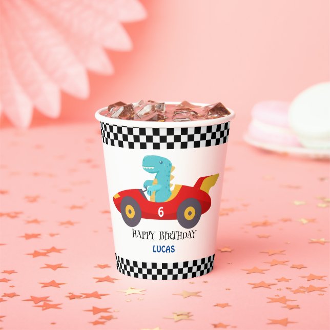 Birthday Dinosaur race car red boy kid name Paper Cups (Insitu)
