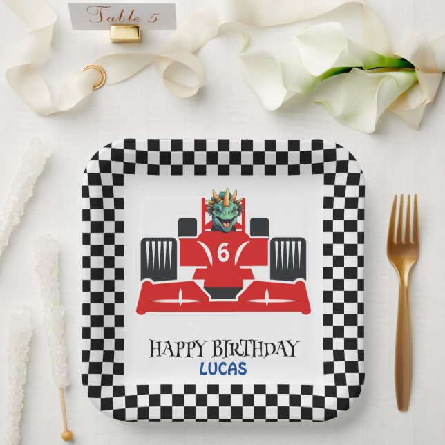 Birthday Dinosaur race car red boy kid name Paper Plate (Wedding)