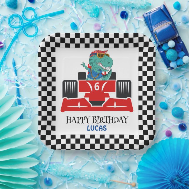 Birthday Dinosaur race car red boy kid name Paper Plate (Party)