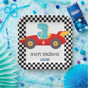 Birthday Dinosaur race car red boy kid name Paper Plate