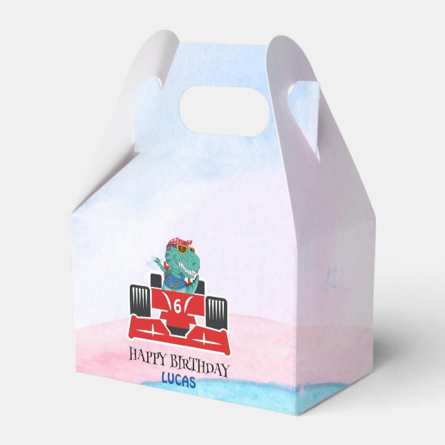 Birthday Dinosaur race car red racing boy kid name Favour Box (Front Side)