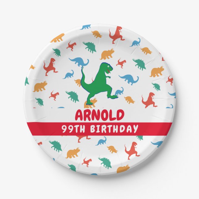 Birthday Dinosaur T Rex Colourful Jurassic Kid nam Paper Plate (Front)