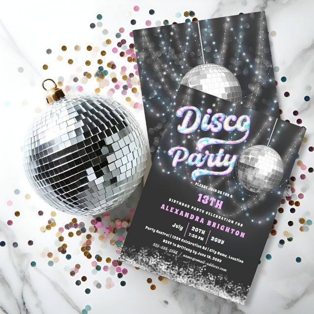 Birthday Disco Party Invitation (Birthday disco party invitation front and back view.)