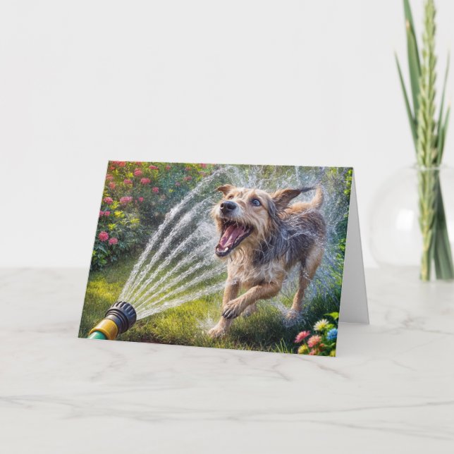 Birthday Dog In Water Spray From Hose Card (Front)