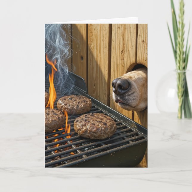 Birthday Dog Sniffing Hamburgers On a Grill Card (Front)