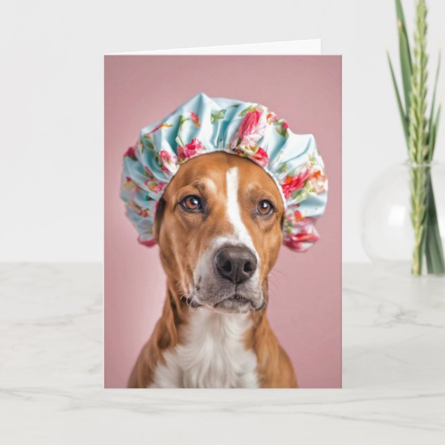 Birthday Dog Wearing Shower Cap Card (Front)
