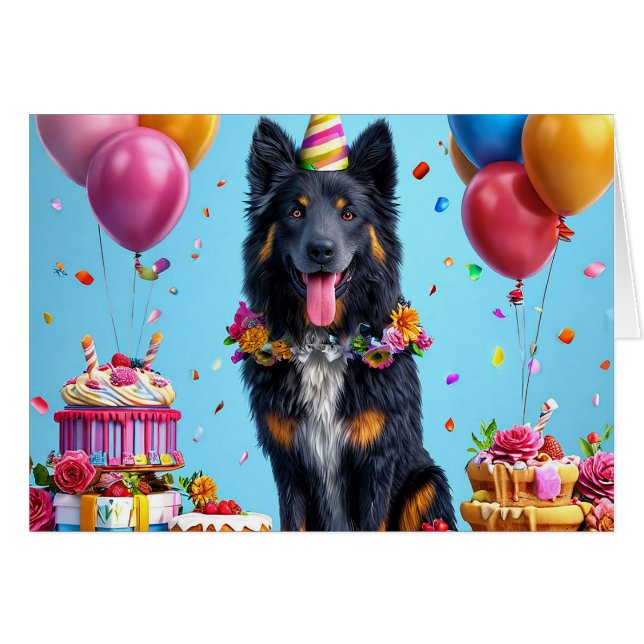 Birthday dog with cake and balloons (Front Horizontal)