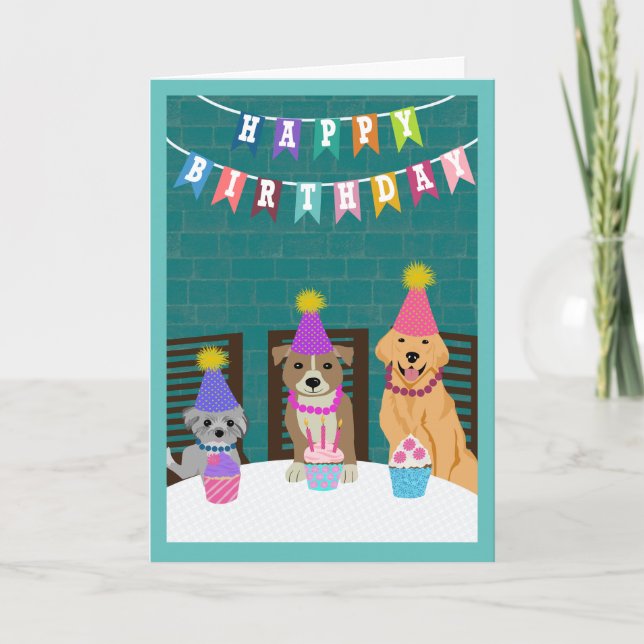 Birthday Dogs Sitting at Table Celebrating Card (Front)